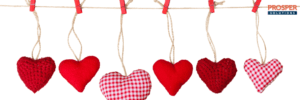 Red and patterned fabric hearts hanging from a string, with the Prosper Solutions logo