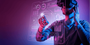A person wearing a VR headset interacting with a futuristic holographic technology interface